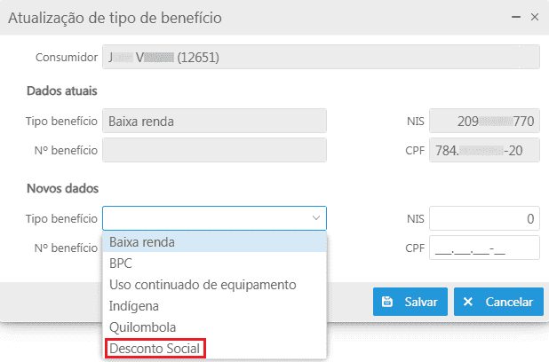 Atualização de tipo de benefício