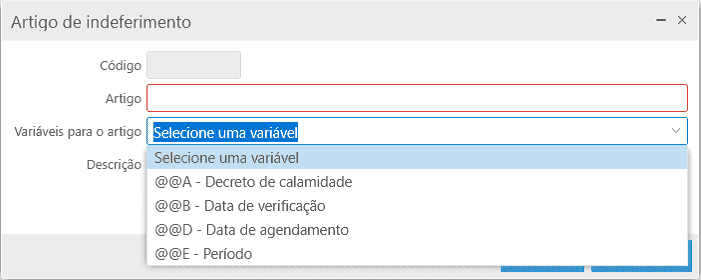 Cadastro de Artigos de Indeferimento - Variáveis