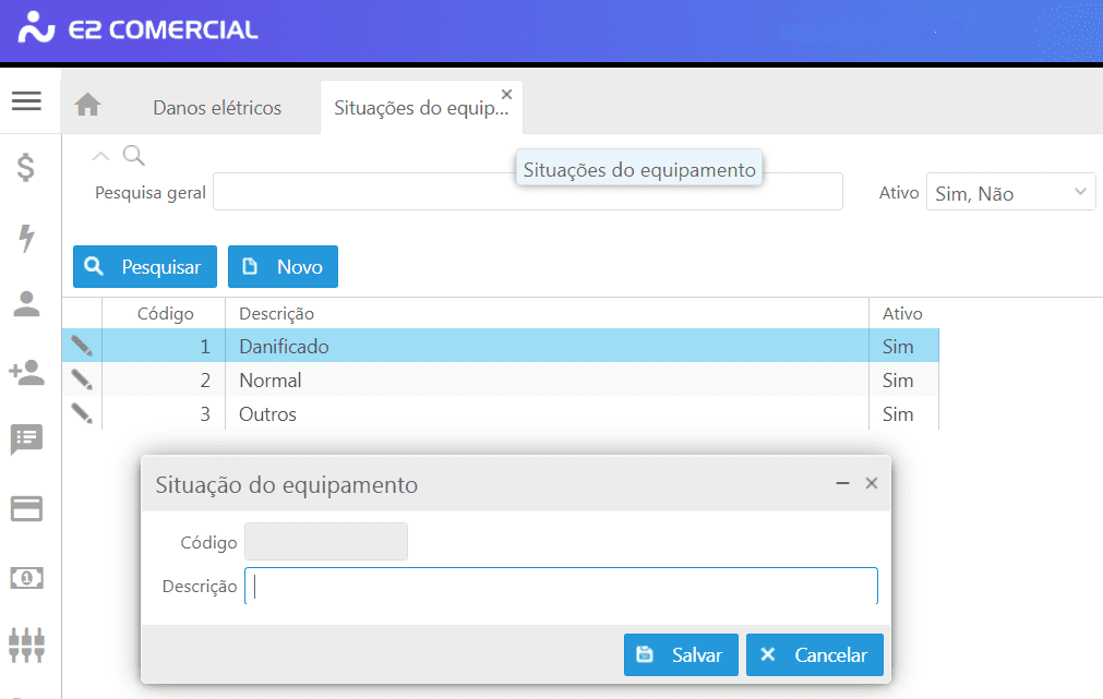 Cadastro de Situações do Equipamento